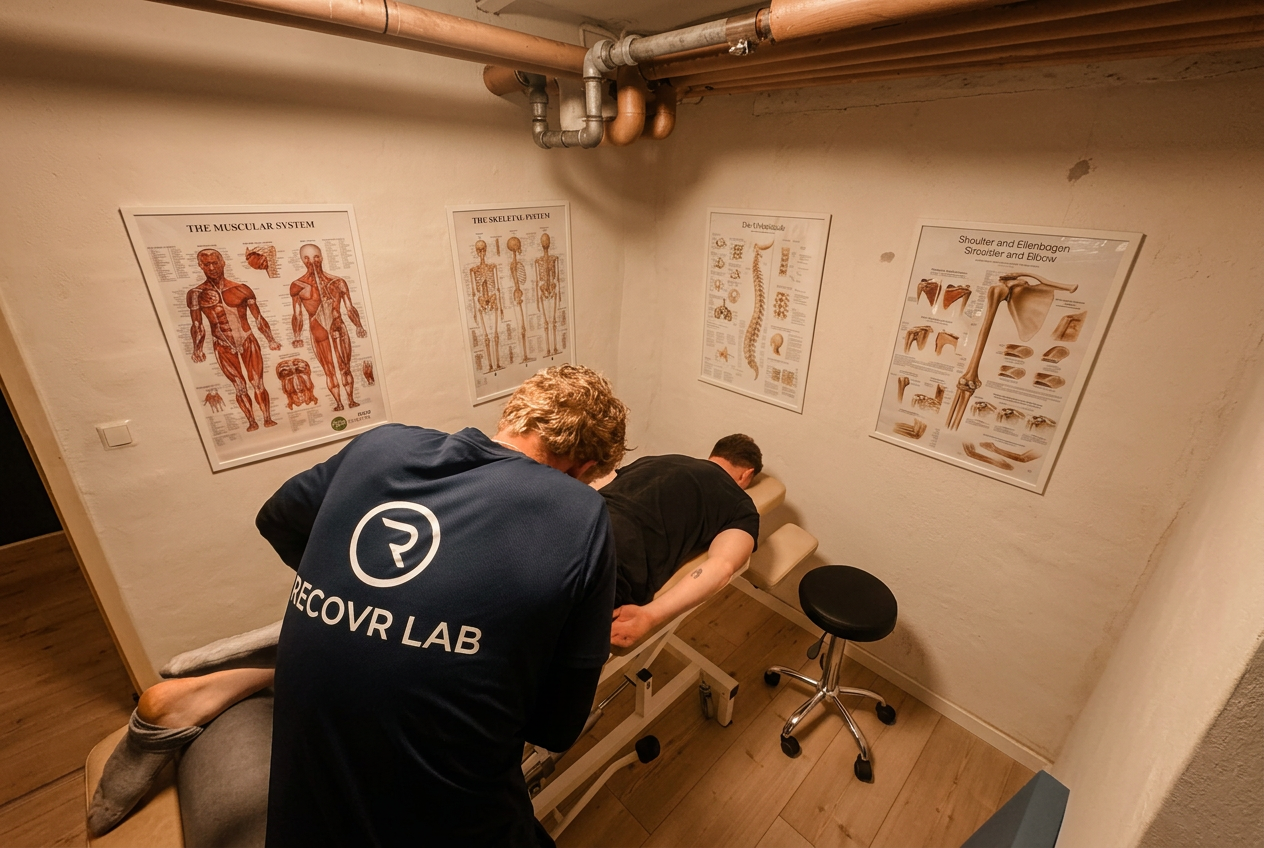 Atlet får dyb vævsmassage på skulderen i varmt bronze-lys